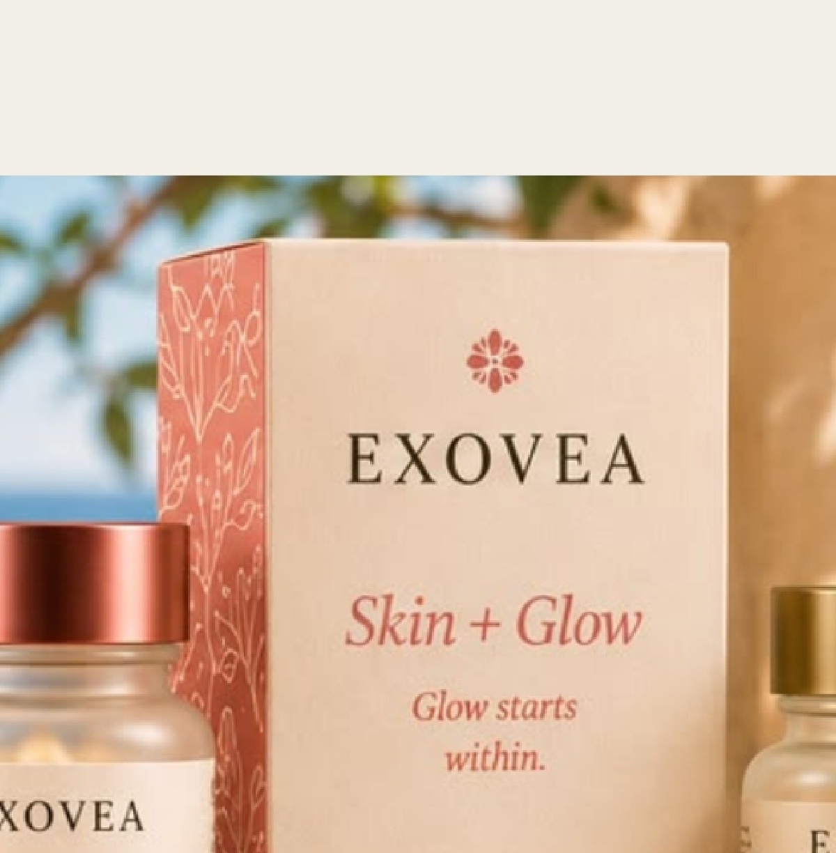EXOVEA skin and hair supplements arranged in Mediterranean light