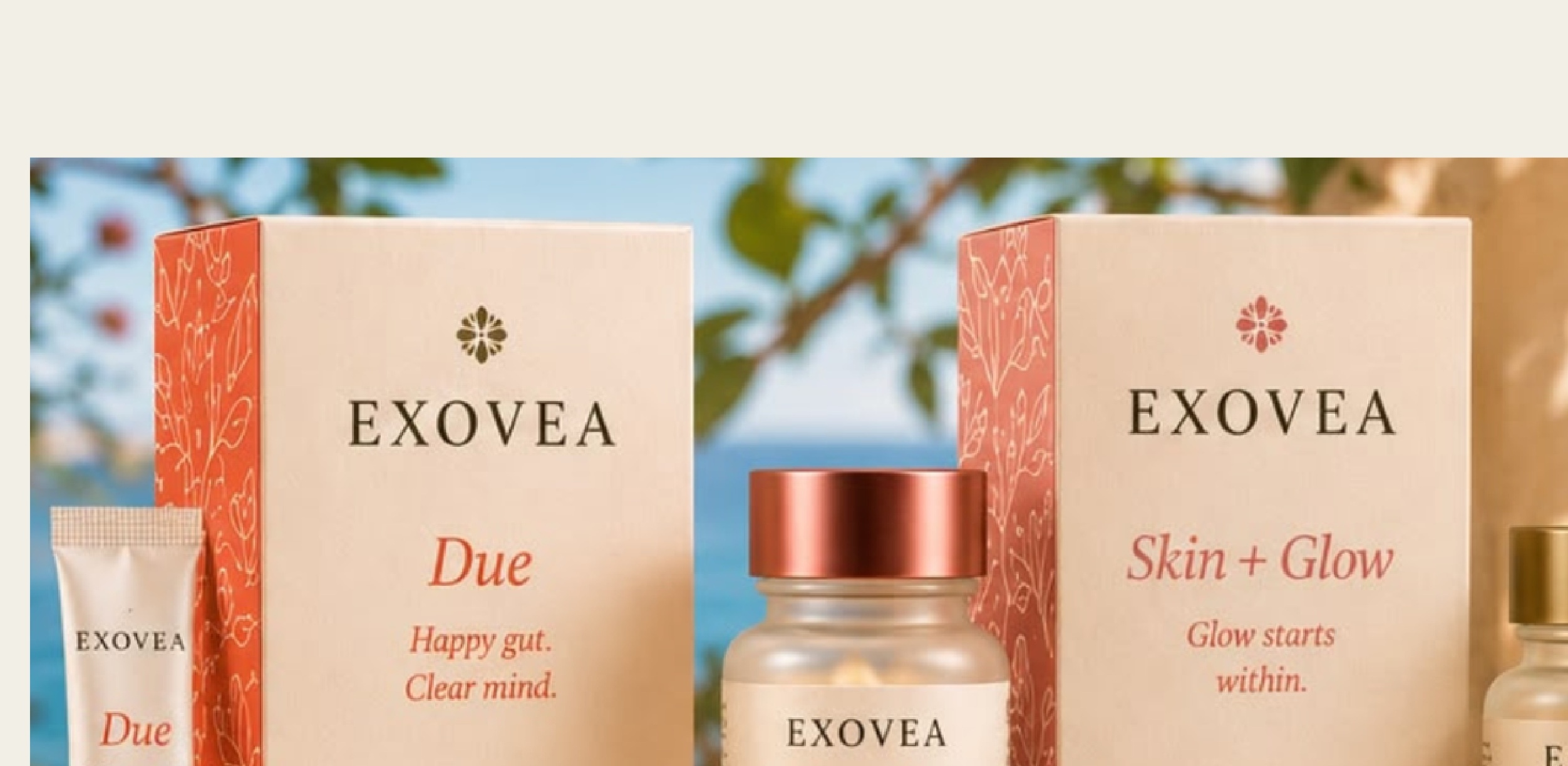 The EXOVEA ritual collection styled in warm Mediterranean daylight